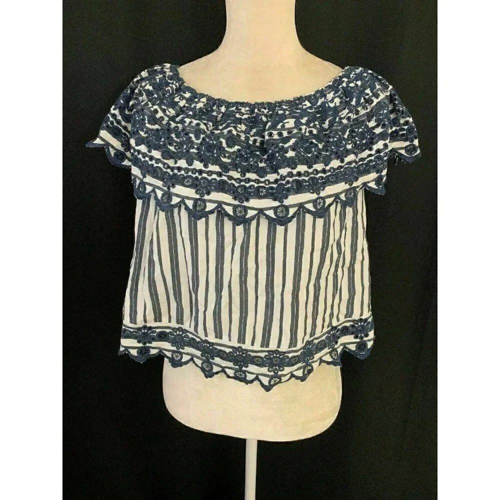 Topshop Womens Navy Blue White Striped Lace Short Sleeve Top 4 Small